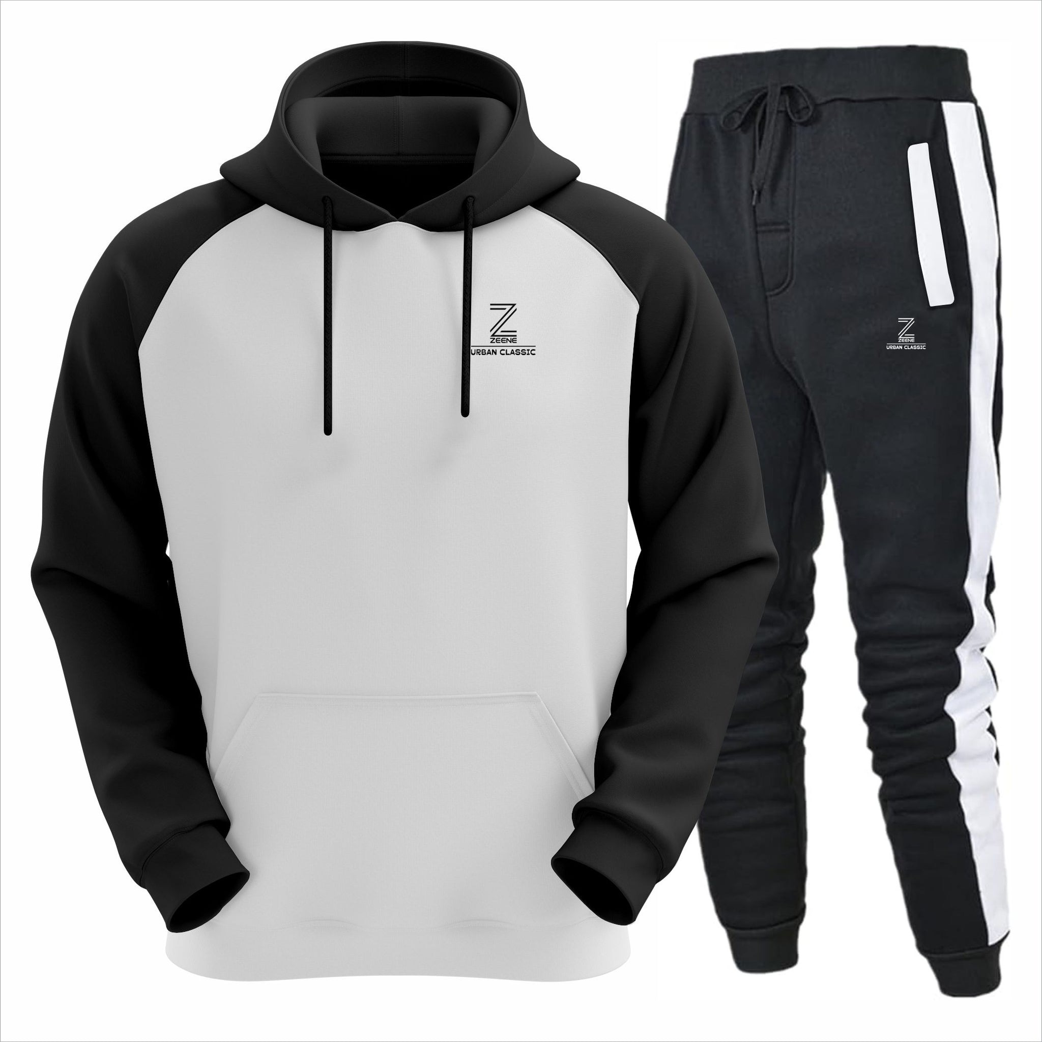 Black and white hoodie and pants set with a logo on a white background