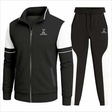 Black and white tracksuit with a logo on a white background