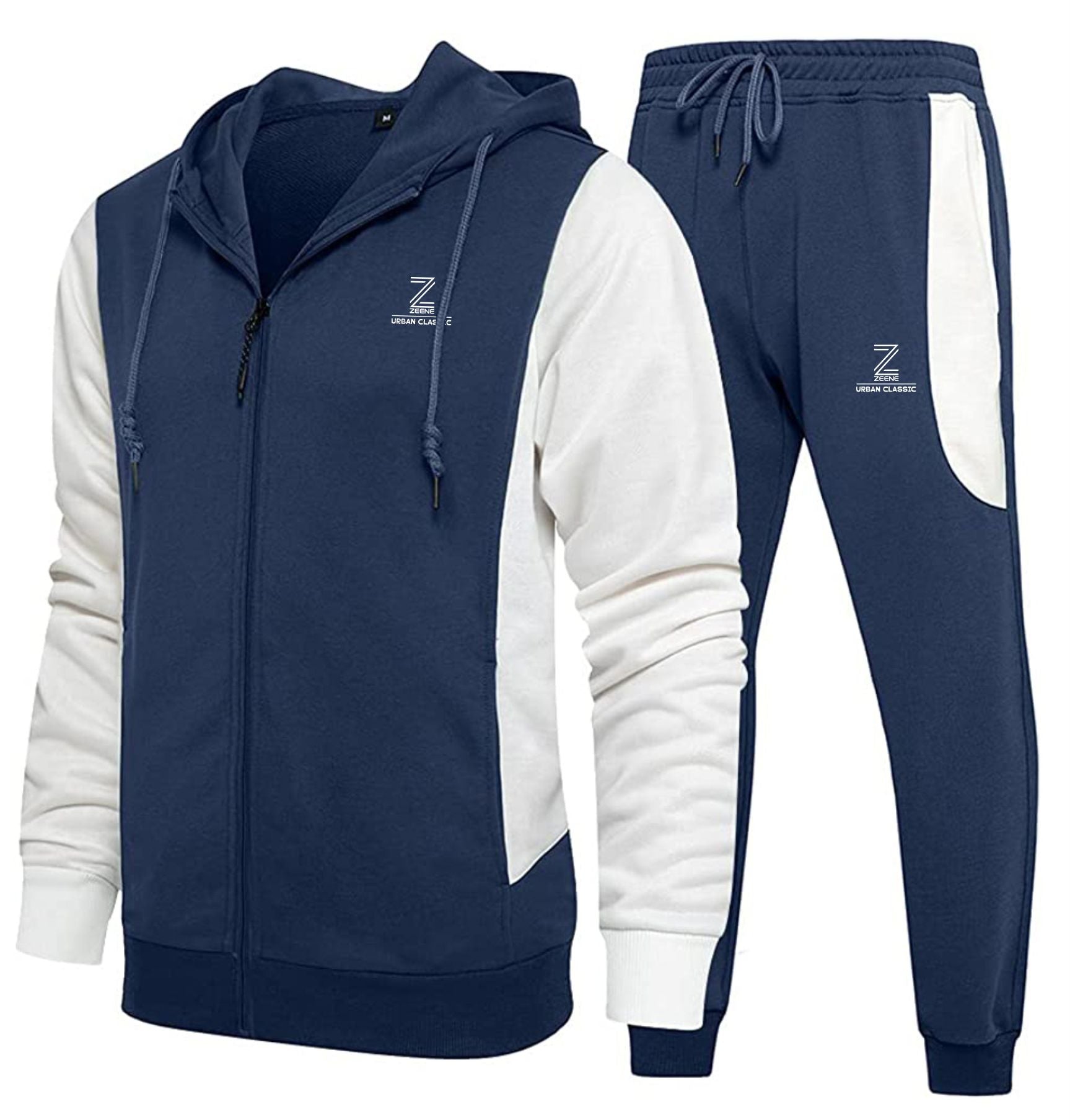 Zeene Urban Classic Zip-Up Hoodie Tracksuit | Navy Blue & White