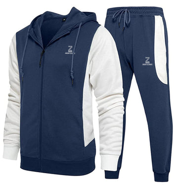 Zeene Urban Classic Zip-Up Hoodie Tracksuit | Navy Blue & White