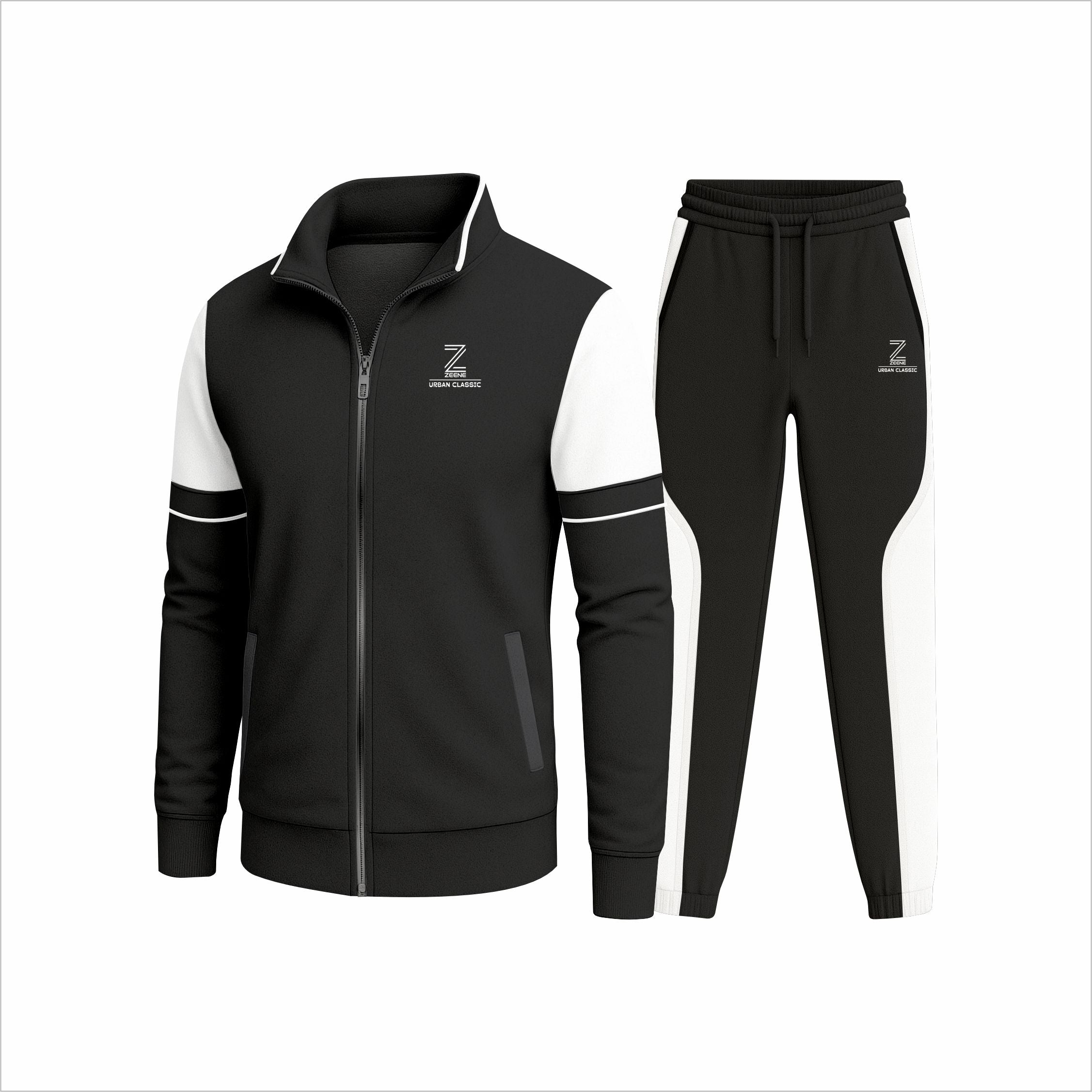 Zeene Urban Classic Zip-Up Tracksuit | Black & White Stand Collar Set Main image