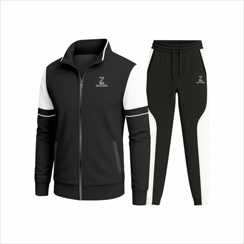 Zeene Urban Classic Zip-Up Tracksuit | Black & White Stand Collar Set