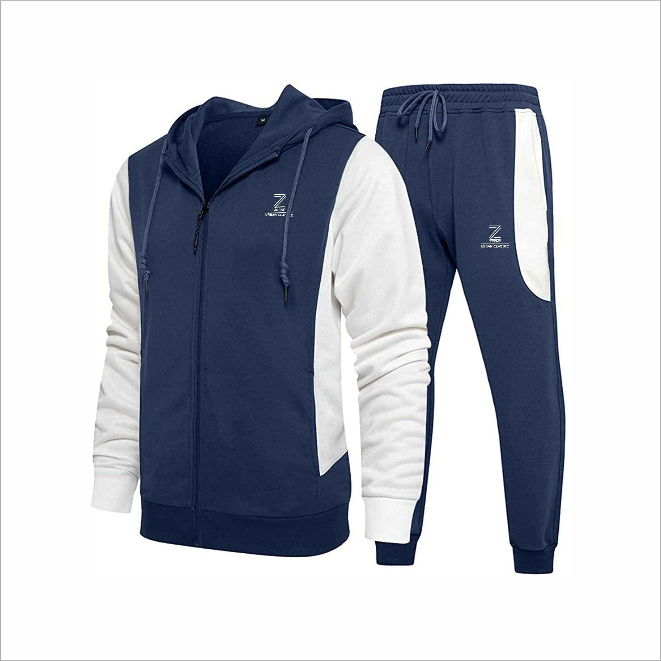 Zeene Urban Classic Zip-Up Hoodie Tracksuit | Navy Blue & White Main image