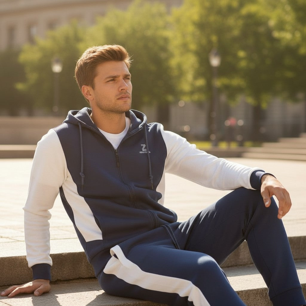 Zeene Urban Classic Zip-Up Hoodie Tracksuit | Navy Blue & White