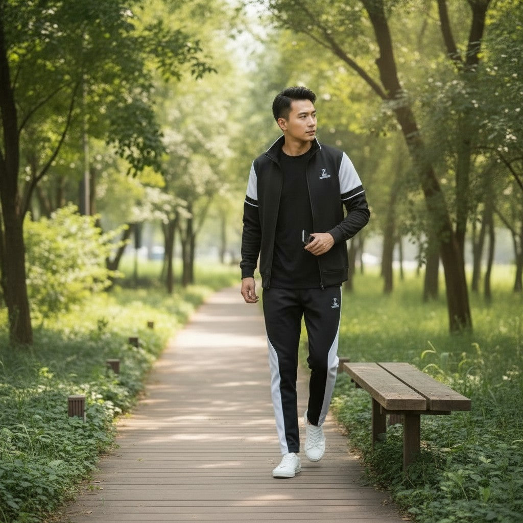 Man walking on a wooden path in a park with greenery