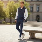 Zeene Urban Classic Zip-Up Hoodie Tracksuit | Navy Blue & White
