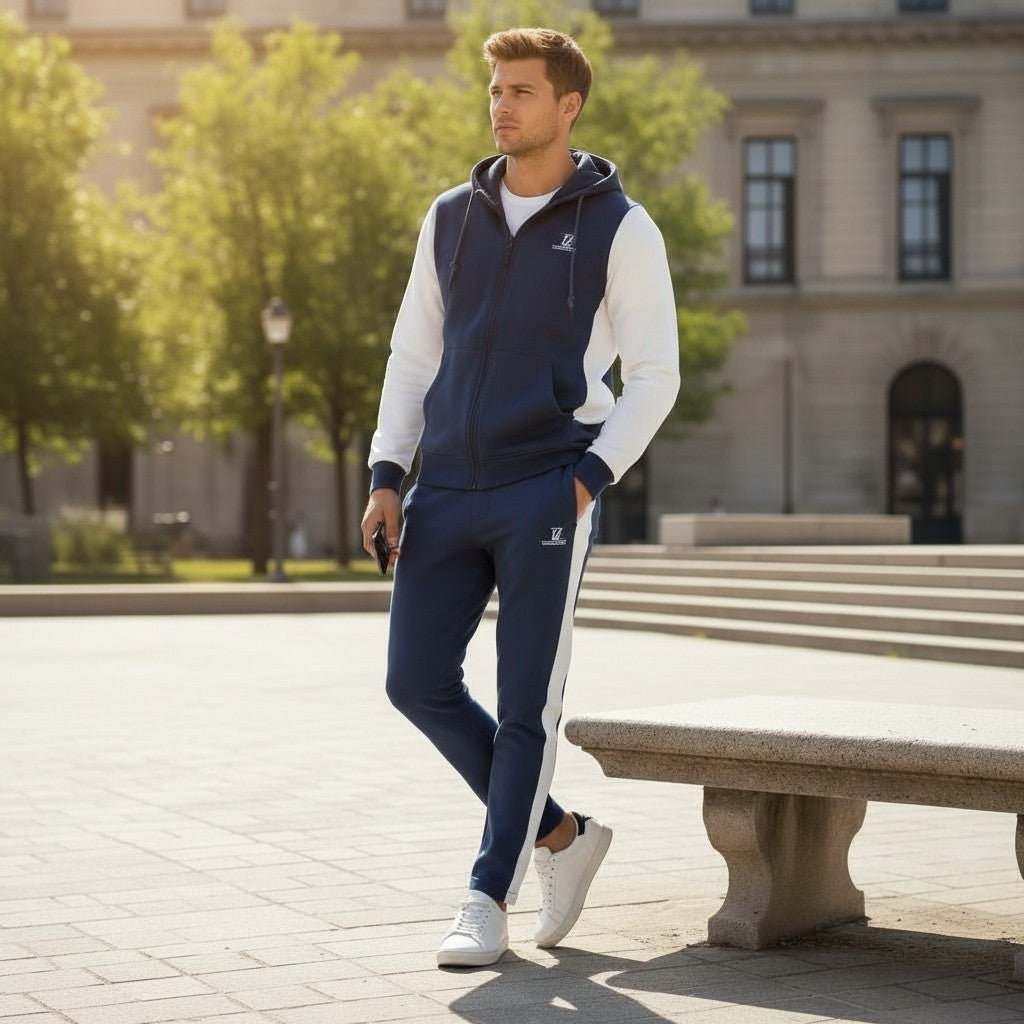 Zeene Urban Classic Zip-Up Hoodie Tracksuit | Navy Blue & White