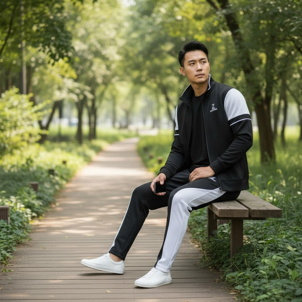 Man sitting on a bench in a park with greenery around