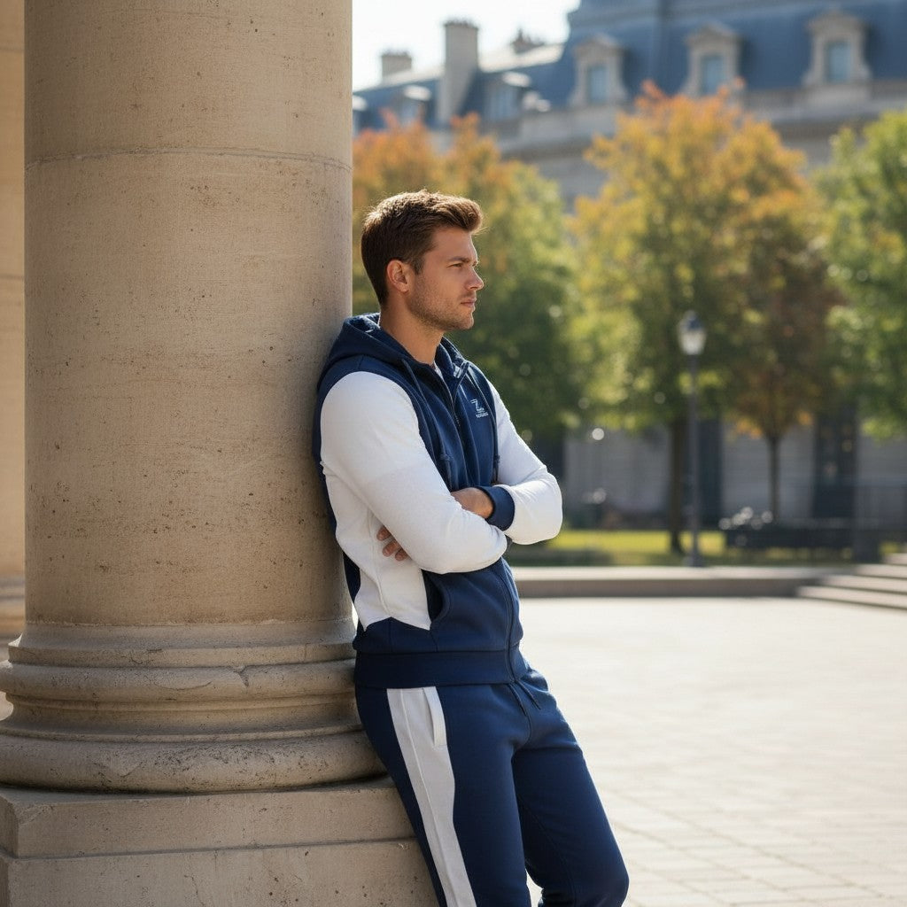 Zeene Urban Classic Zip-Up Hoodie Tracksuit | Navy Blue & White