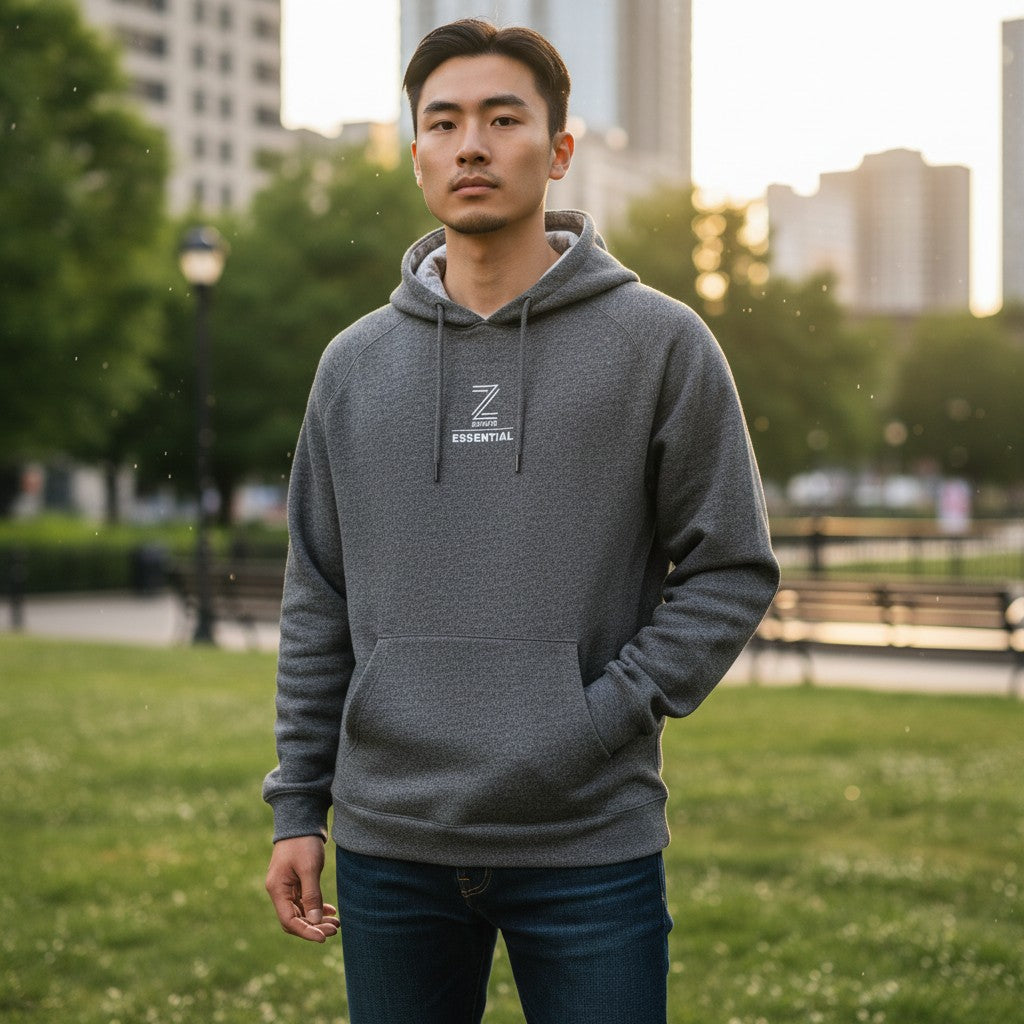 Man wearing a gray hoodie with a logo in an outdoor setting