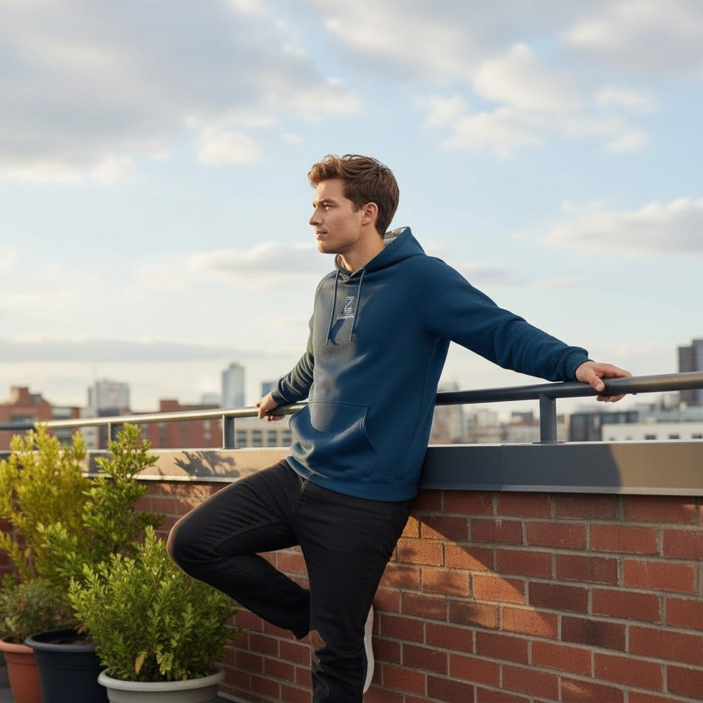 Man in a blue hoodie leaning against a railing on a rooftop with a cityscape in the background