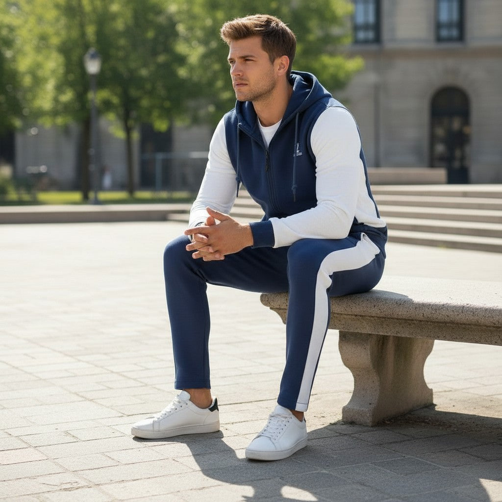 Zeene Urban Classic Zip-Up Hoodie Tracksuit | Navy Blue & White