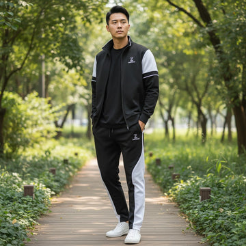 Man wearing a black and white tracksuit walking on a wooden path in a park.