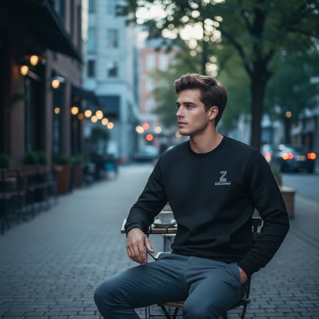 Man sitting on a chair in an urban setting with blurred background
