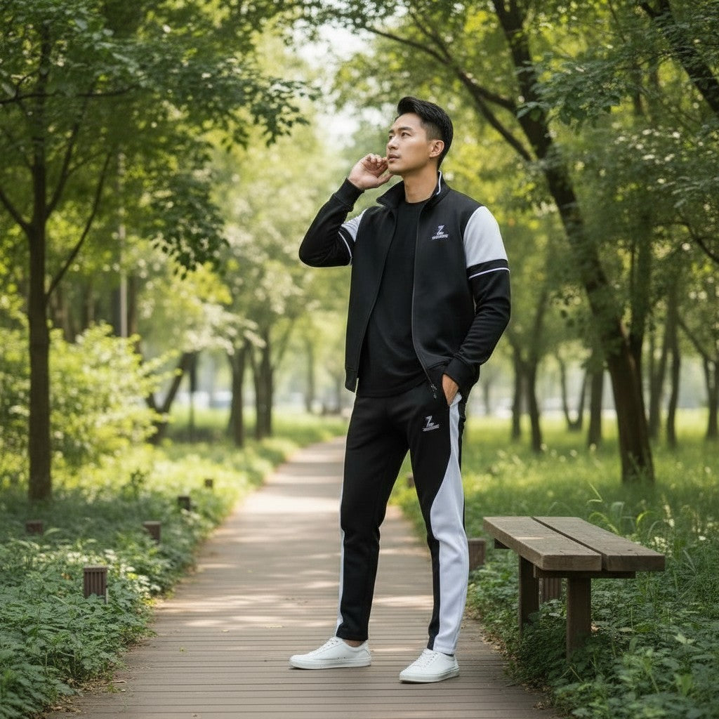 Man in black and white tracksuit standing on a wooden path in a park