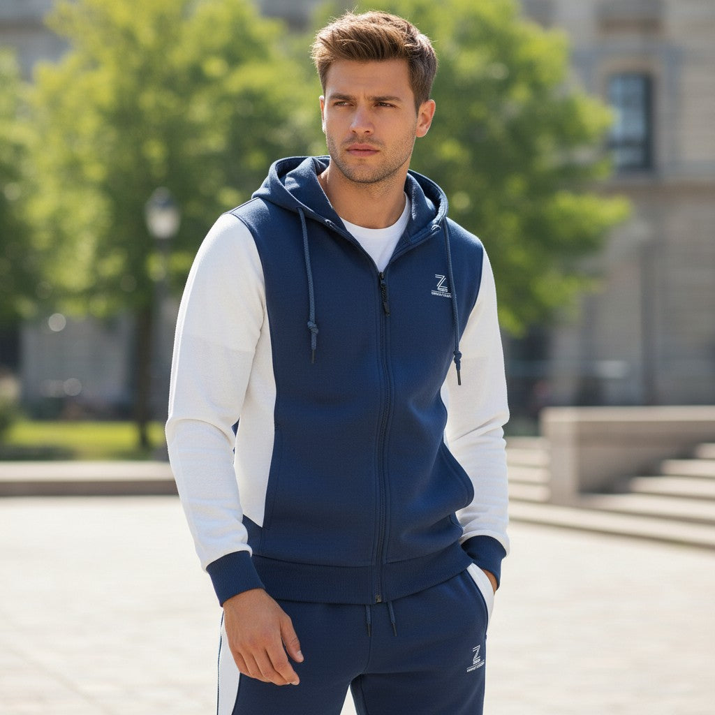 Zeene Urban Classic Zip-Up Hoodie Tracksuit | Navy Blue & White