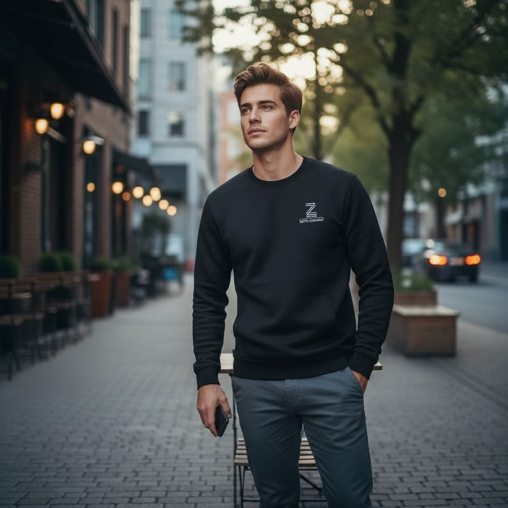Man wearing a black sweater with a logo on a city street