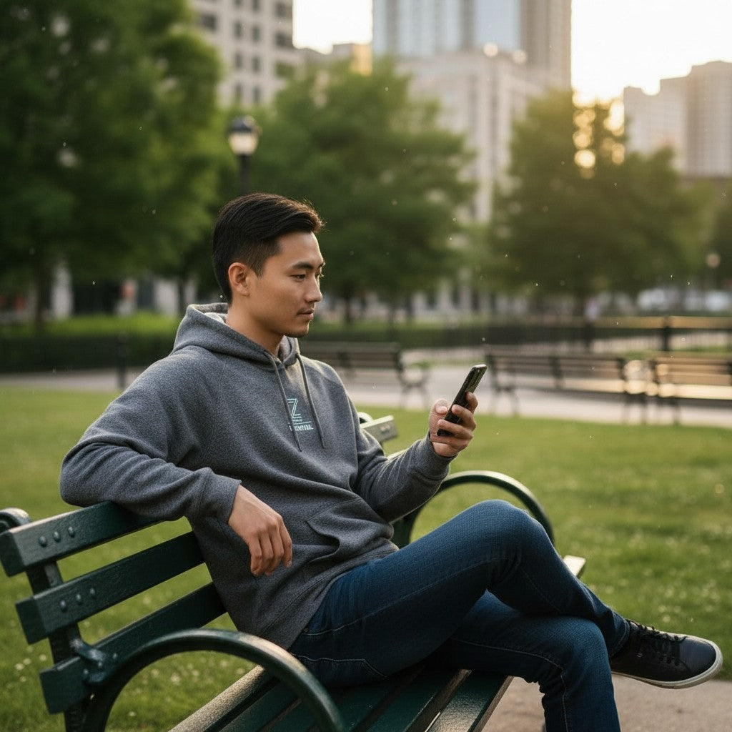 Man sitting on a bench in a park using his phone with city buildings in the background